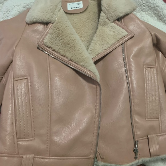 Pink Zara faux leather faux fur coat